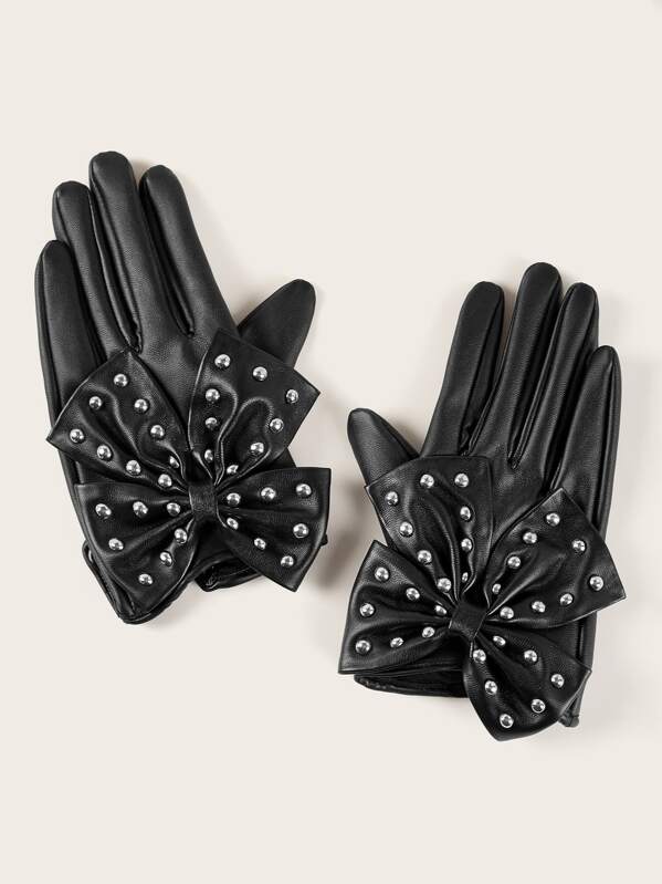 

Bow Knot Decor PU Leather Gloves, Black
