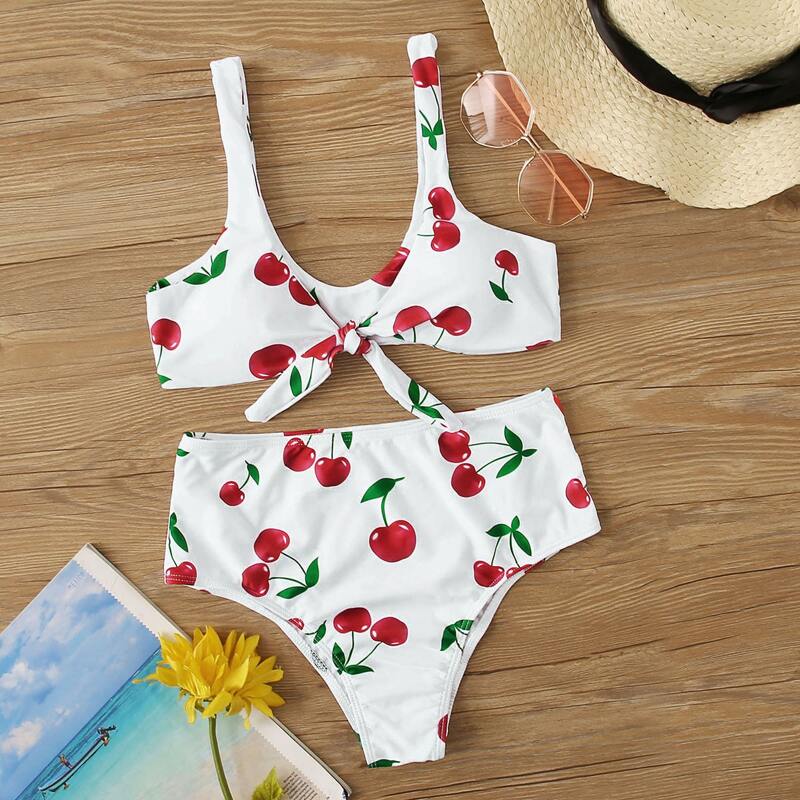 

Cherry Print Knot Top With High Waist Bikini Set, Multicolor