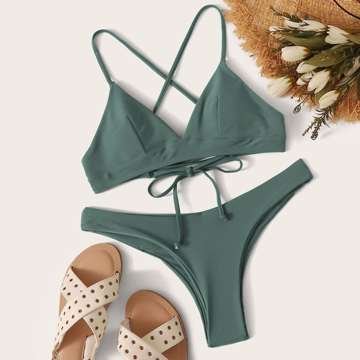 

Criss Cross Back Top With High Cut Bikini Set, Green