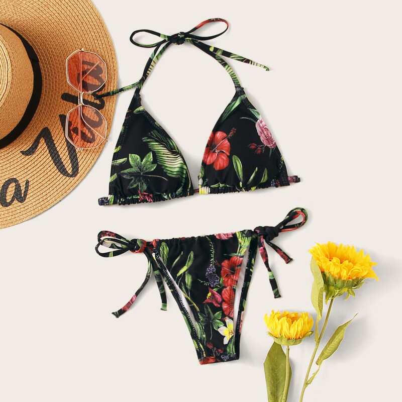 

Floral & Leaf Print Top With Tie Side Bikini Set, Multicolor