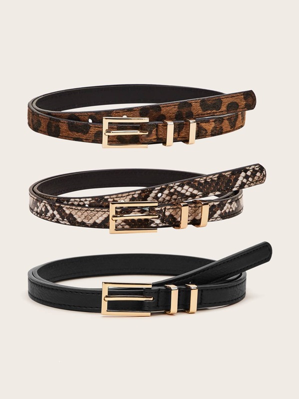 

3pcs Animal Pattern Skinny Buckle Belt, Multicolor