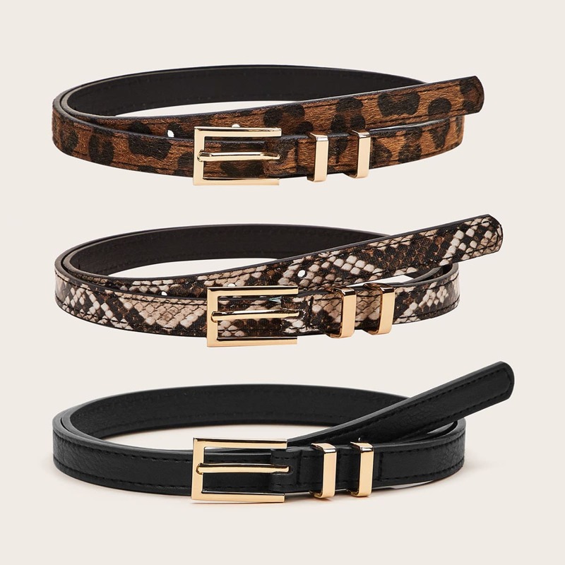 

3pcs Animal Pattern Skinny Buckle Belt, Multicolor