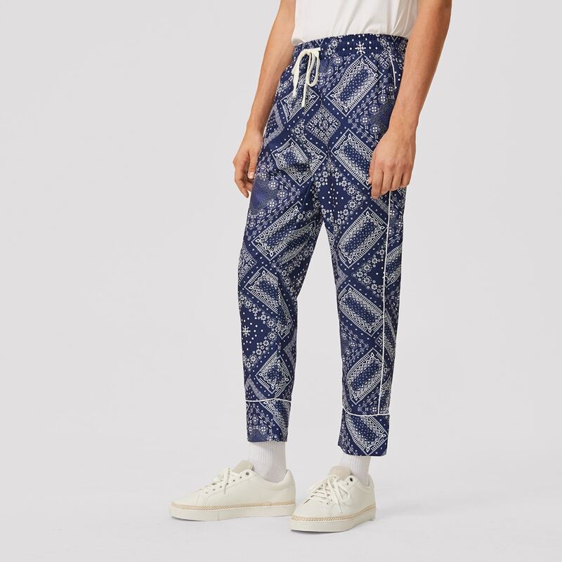 Guys Contrast Piping Tribal Print Pants, Navy