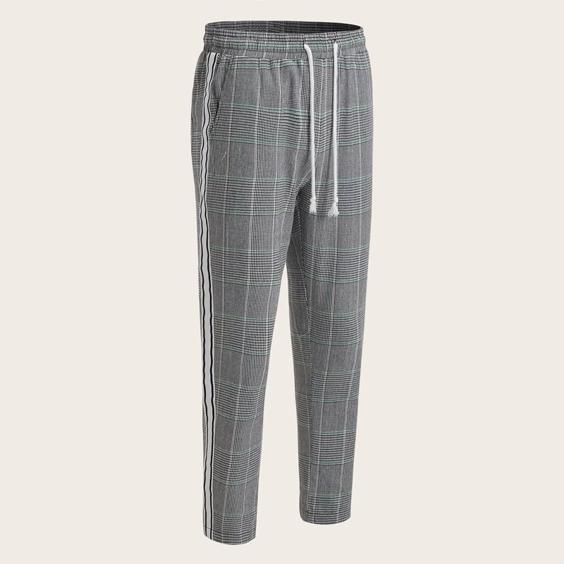 

Guys Drawstring Waist Striped Tape Side Plaid Pants, Grey