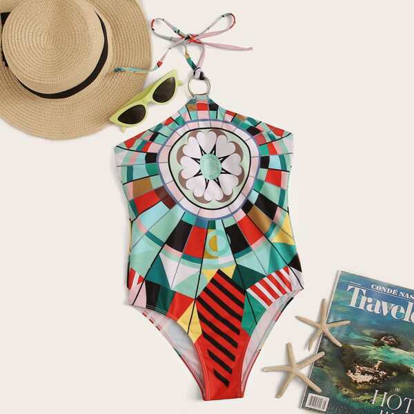 

Geo Ring Linked Halter One Piece Swimwear, Multicolor