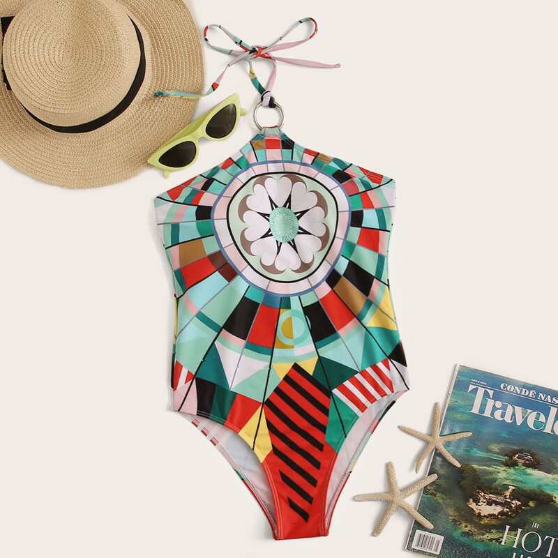 

Geo Ring Linked Halter One Piece Swimwear, Multicolor