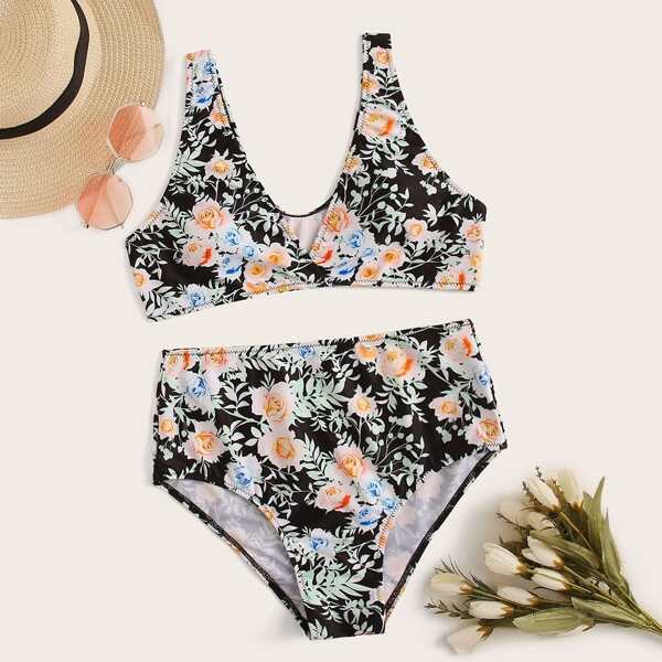 

Floral Random Print High Waist Bikini Set, Multicolor