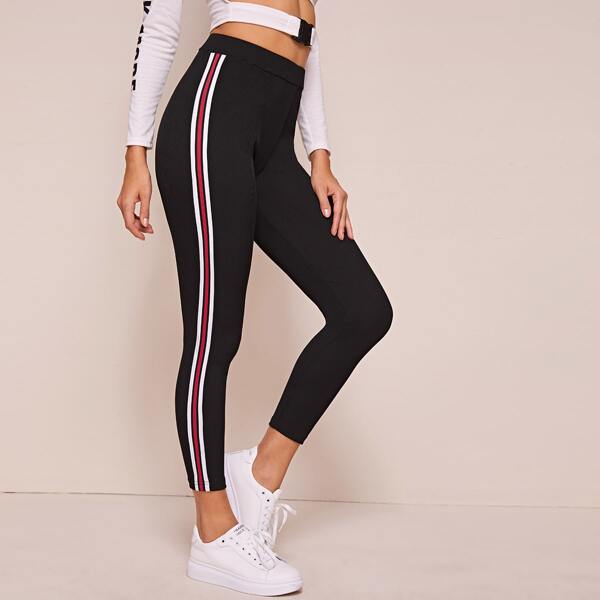 

High Waist Striped Side Rib-knit Leggings, Black