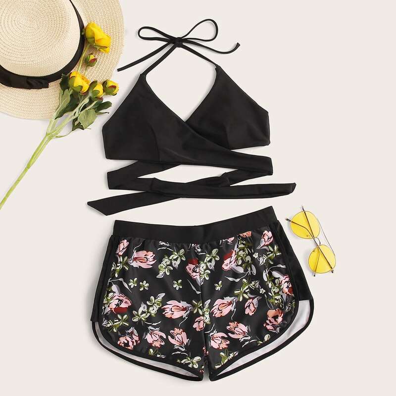 

Wrap Halter Top With Floral Print Shorts Bikini Set, Black