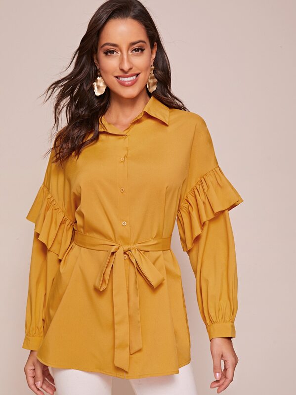 

Drop Shoulder Ruffle Trim Self Belted Blouse, Yellow, Mary P.