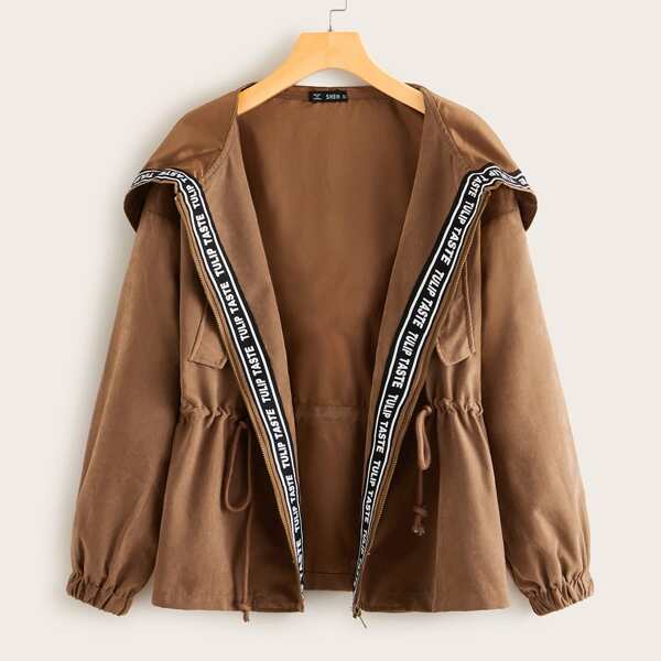 

Letter Tape Detail Drawstring Waist Hooded Jacket, Camel