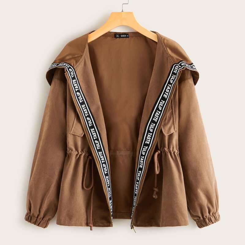 

Letter Tape Detail Drawstring Waist Hooded Jacket, Camel