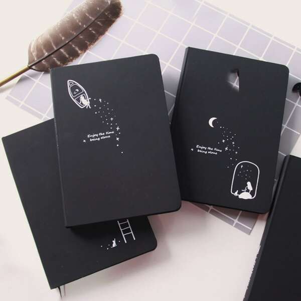 

1pack Starry Sky Print Hardcover Notebook, Black