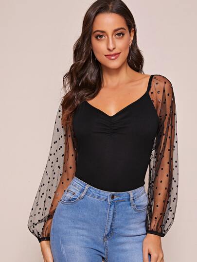 Contrast Dobby Mesh Ruched Tee