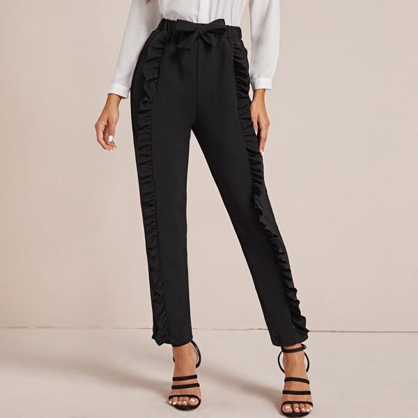 

Ruffle Trim Tie Font Solid Pants, Black