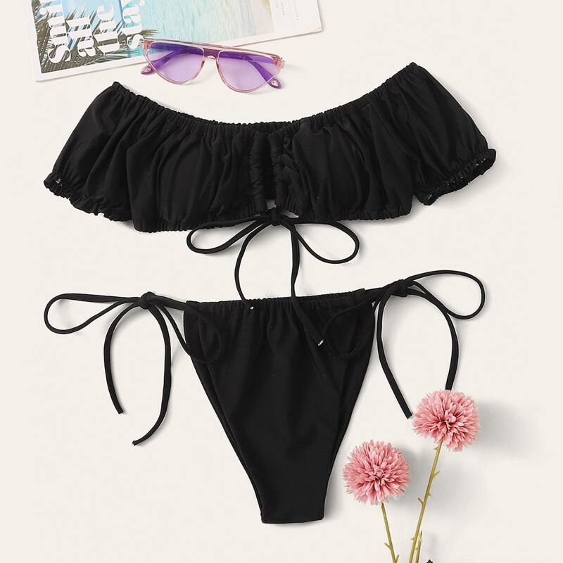 

Drawstring Bardot Top With Tie Side Bikini Set, Black