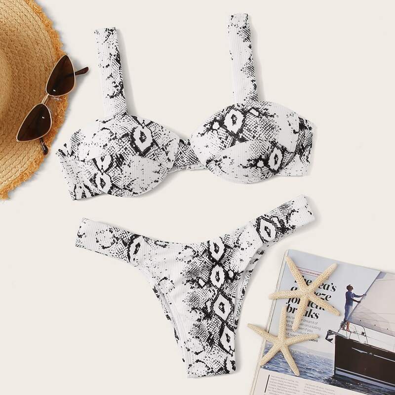 

Snakeskin High Cut Bikini Set, Black and white