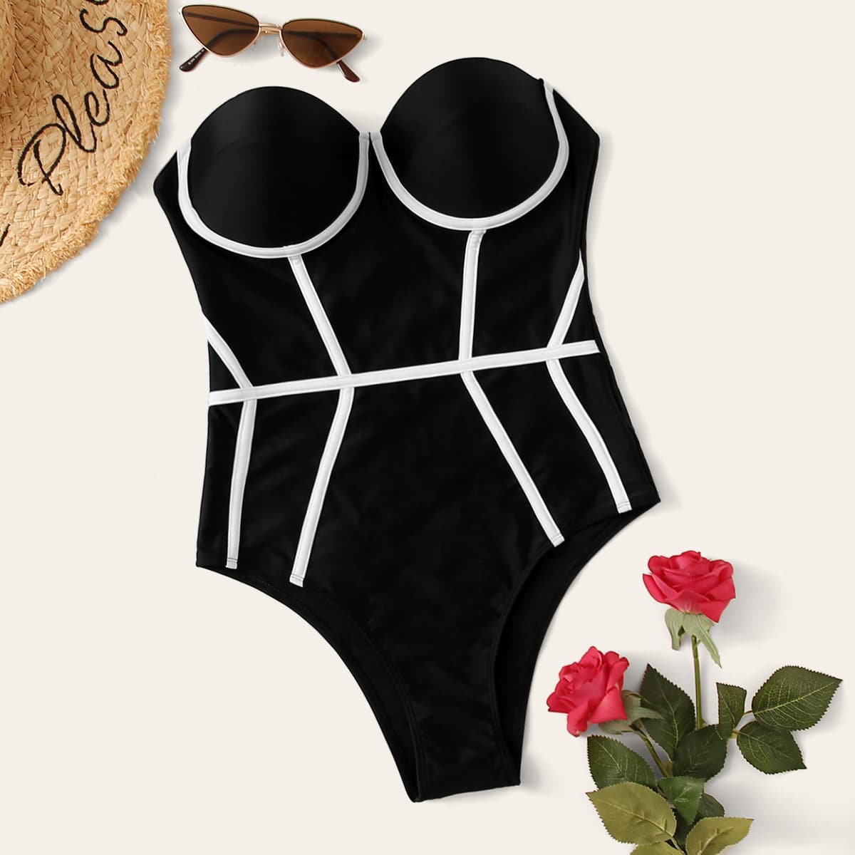 

Striped Bandeau One Piece Swimwear, Black