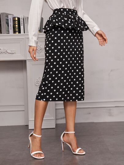 Polka Dot Ruffle Trim Pencil Skirt