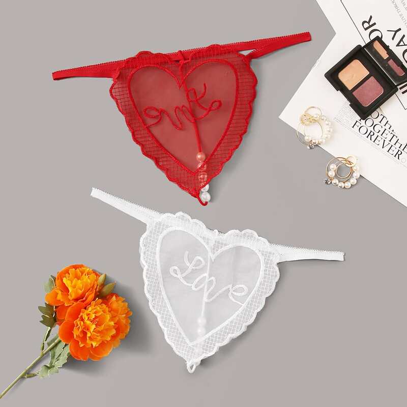 

2pack Faux Pearl Decor Heart Design Panty Set, Multicolor