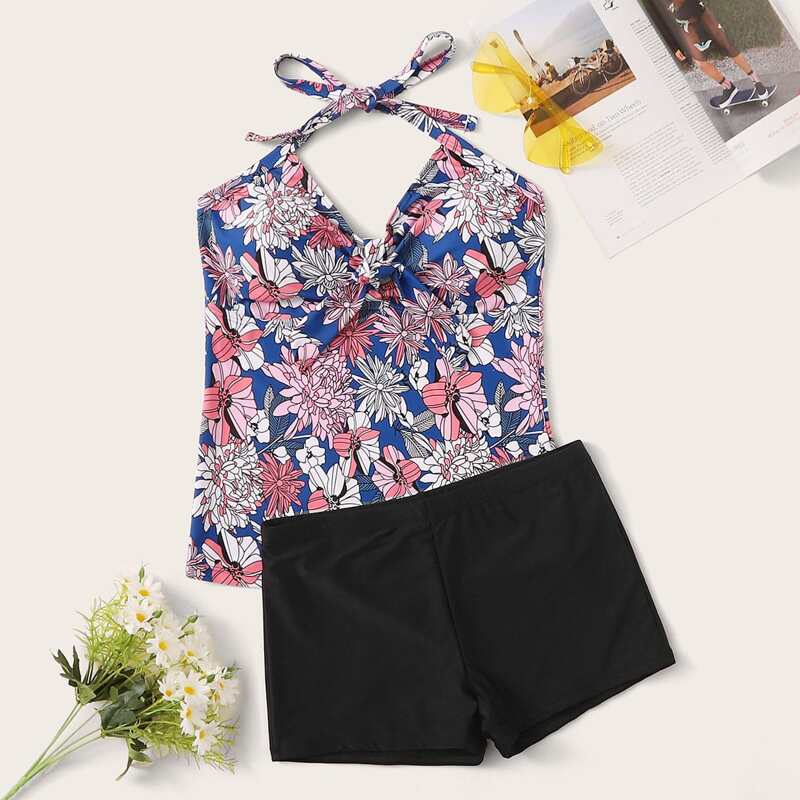 

Floral Print Halter Top With Shorts Tankini, Multicolor