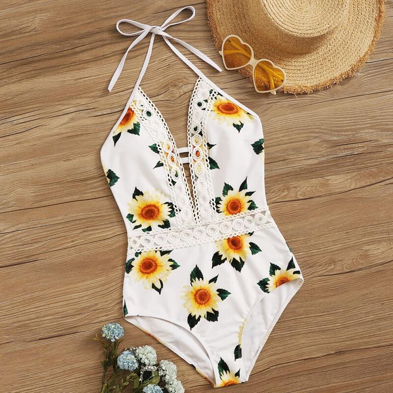 

Sunflower Print Crochet Trim One Piece Swimsuit, White
