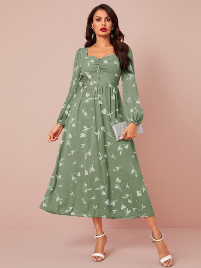 Sweetheart Neck Plants Print Puff Sleeve Dress