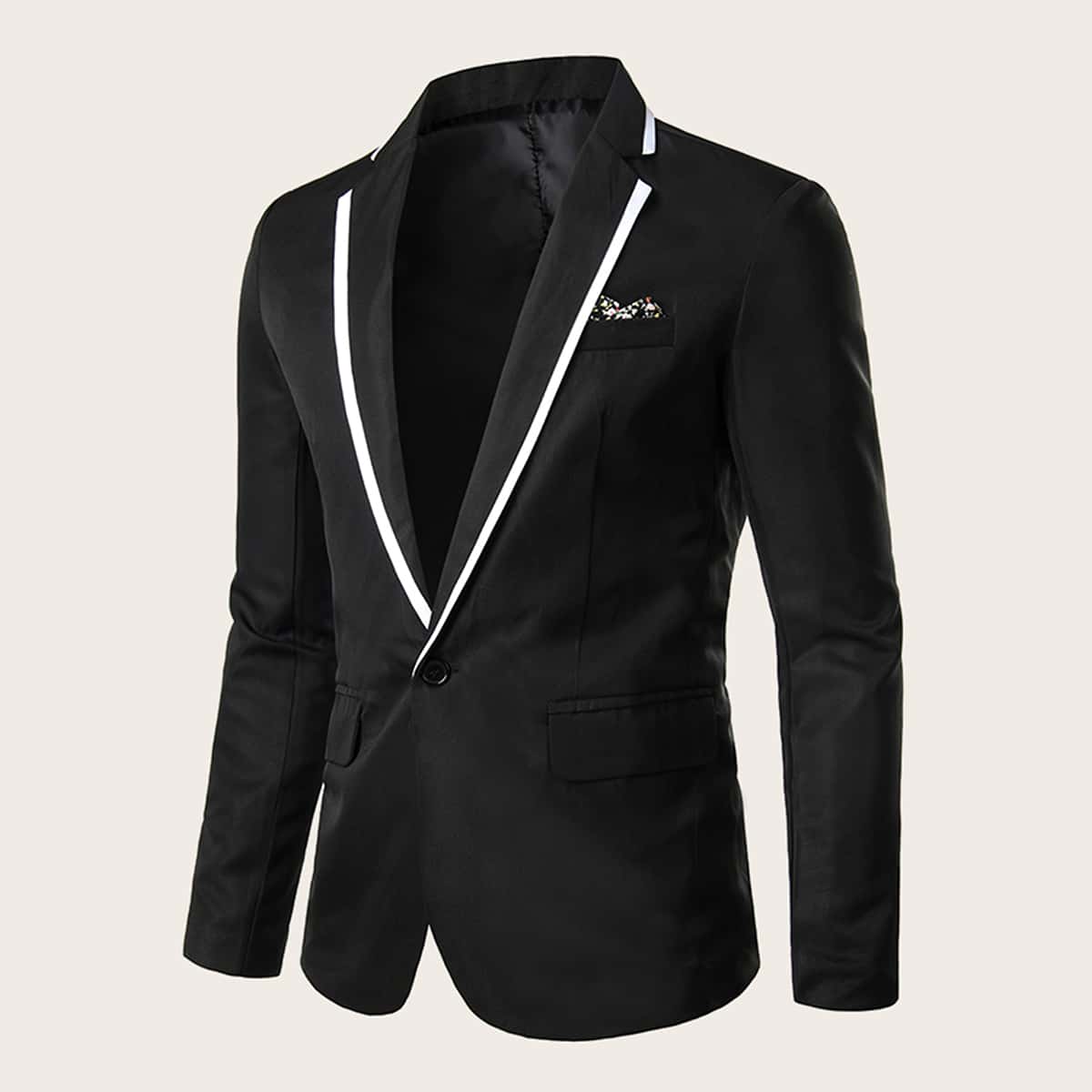 

Guys Contrast Binding Single Button Fitted Blazer, Black