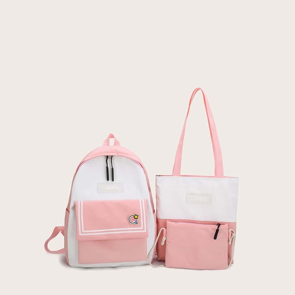 

3pcs Color Block Backpack With Tote Bag, Multicolor