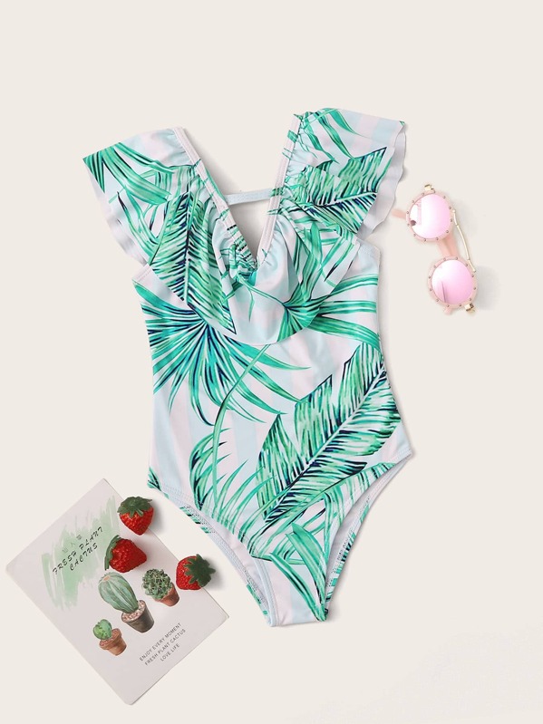 

Toddler Girls Palm Print One Piece Swimwear, White