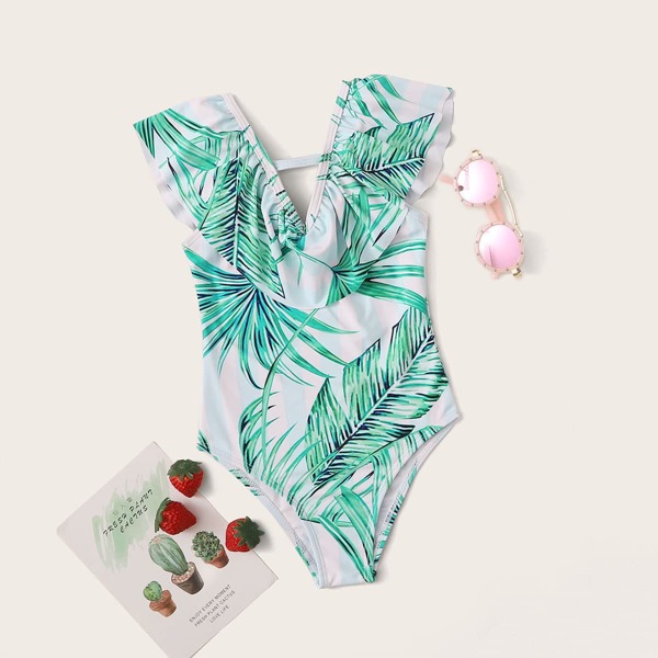 

Toddler Girls Palm Print One Piece Swimwear, White