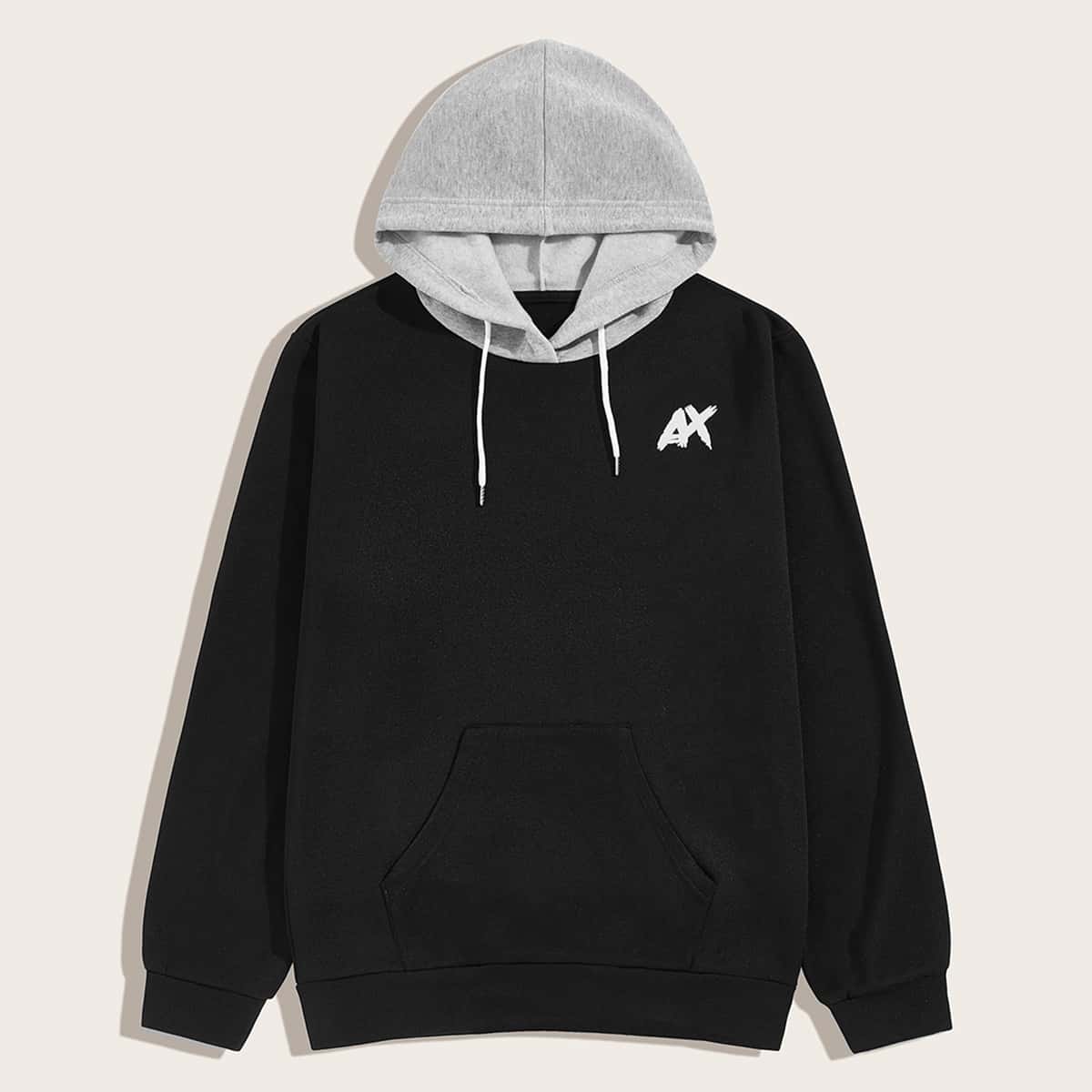 

Guys Letter Graphic Drawstring Contrast Hoodie, Black
