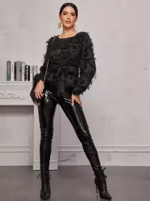 SHEIN Privé 黑色派對腰帶簡約襯衫 - 黑色 - 查看 3