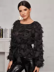 SHEIN Privé 黑色派對腰帶簡約襯衫 - 黑色 - 查看 4