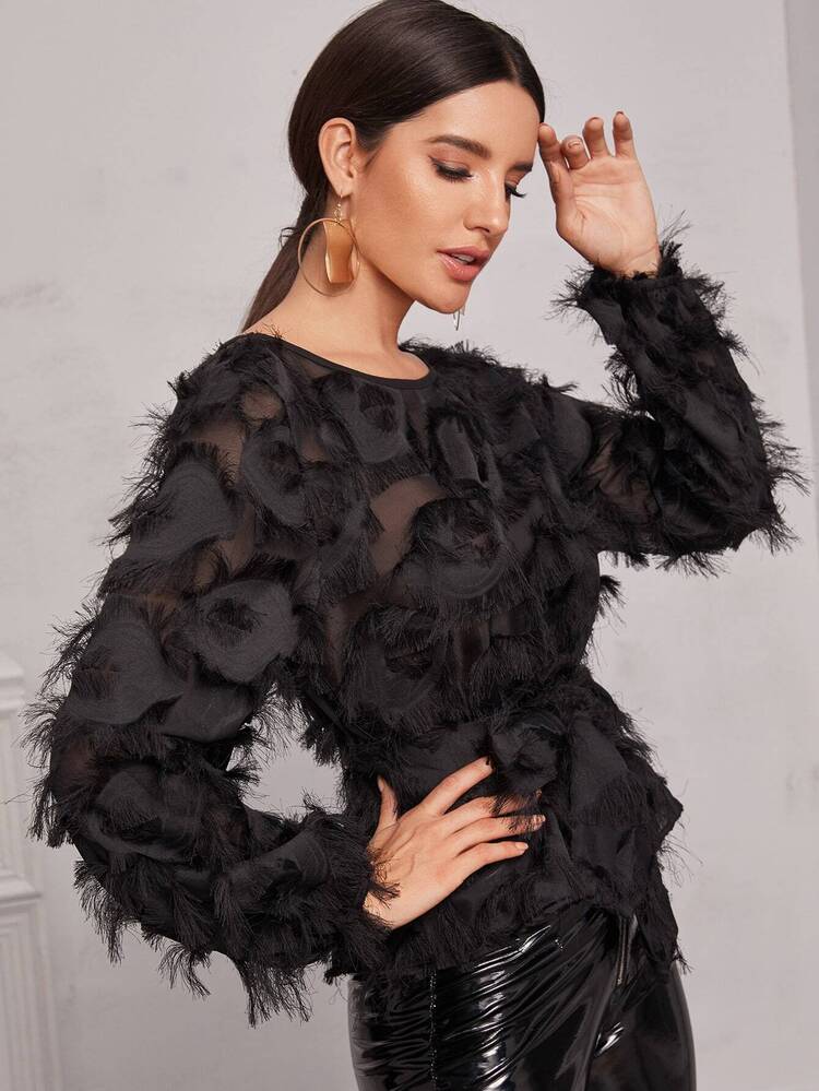 SHEIN Privé Áo sơ mi Belted màu trơn màu đen Hấp dẫn - màu đen - Xem 5