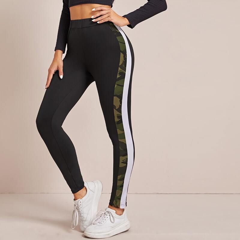 

Side Camo Panel Skinny Leggings, Black