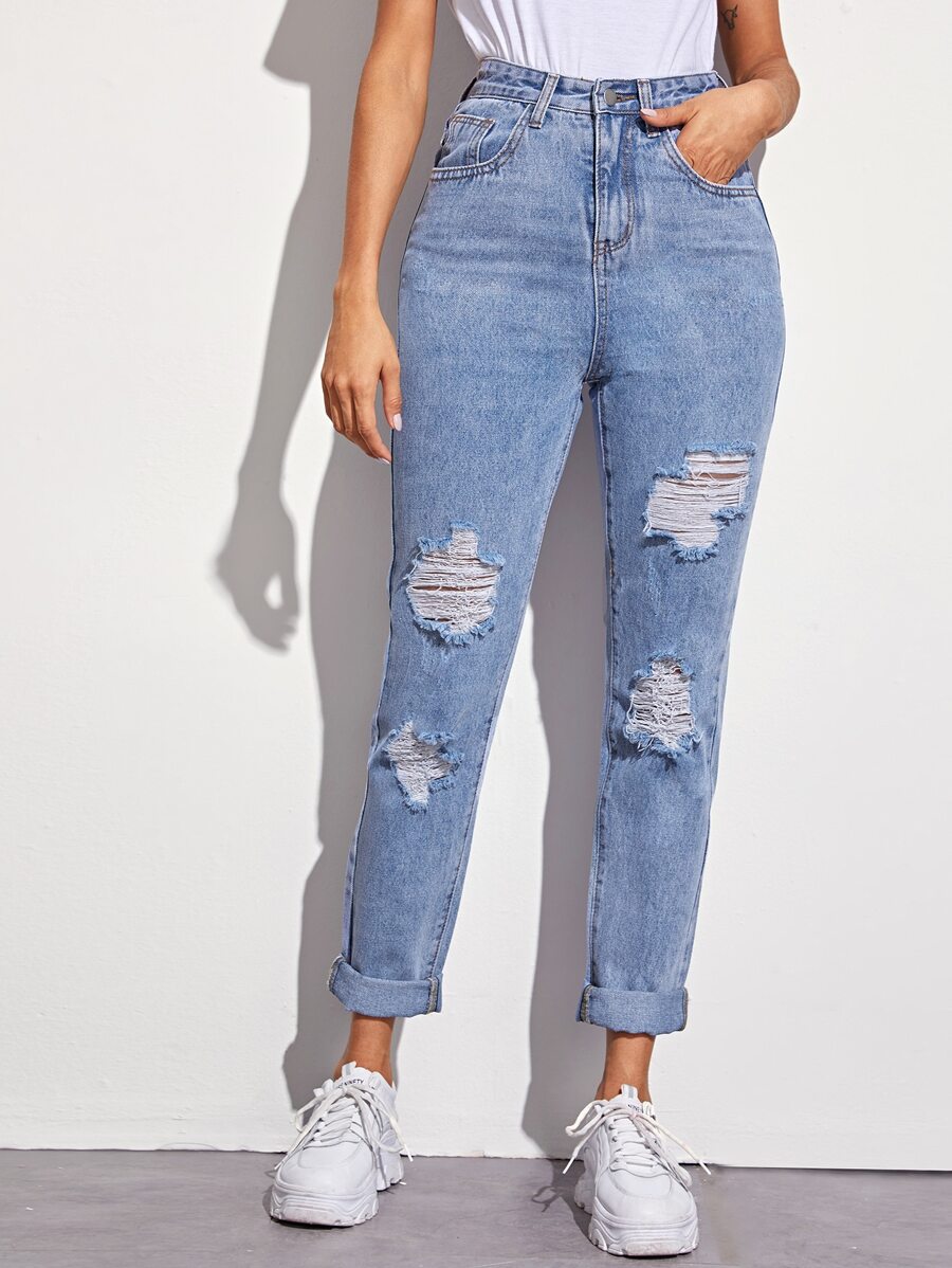 SHEIN EZwear High Waisted Ripped 5-pocket Carrot Jeans - Blue - View 1