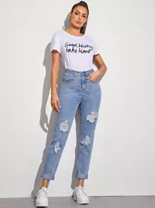 SHEIN EZwear High Waisted Ripped 5-pocket Carrot Jeans - Blue - View 3
