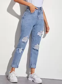 SHEIN EZwear High Waisted Ripped 5-pocket Carrot Jeans - Blue - View 4