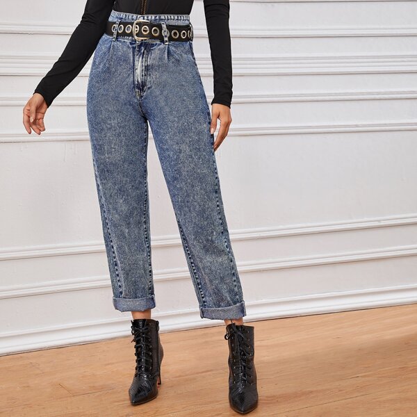 

High Waist Acid Wash Straight Leg Jeans Without Belt, Blue