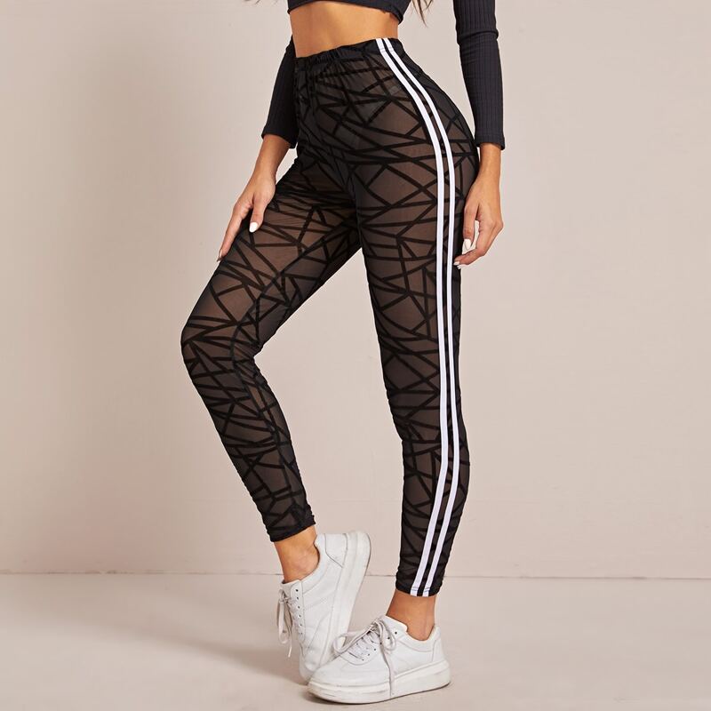 

Sheer Mesh Side Striped Skinny Leggings, Black
