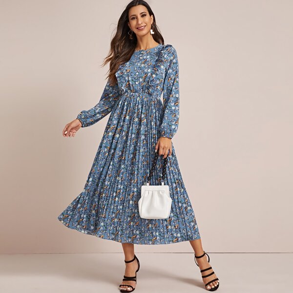 

Floral Print Ruffle Trim Pleated Hem A-line Dress, Blue