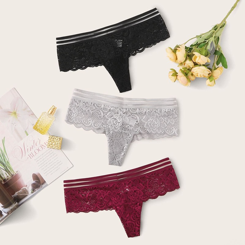

3pack Striped Mesh Trim Floral Lace Panty Set, Multicolor
