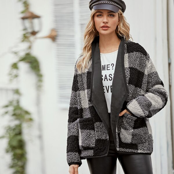 

Open Front Double Pocket Plaid Teddy Coat, Black and white