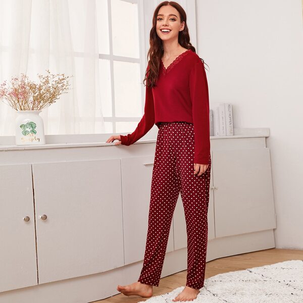 

Polka Dot Contrast Lace PJ Set, Burgundy