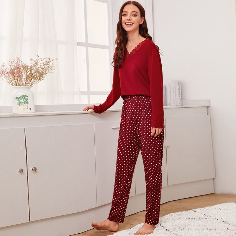 

Polka Dot Contrast Lace PJ Set, Red