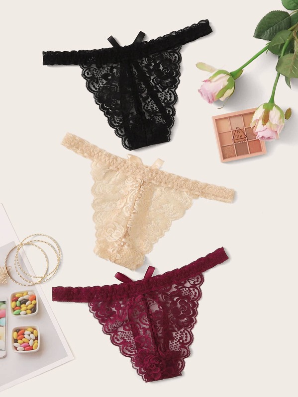 

3pack Bow Decor Floral Lace Panty Set, Multicolor