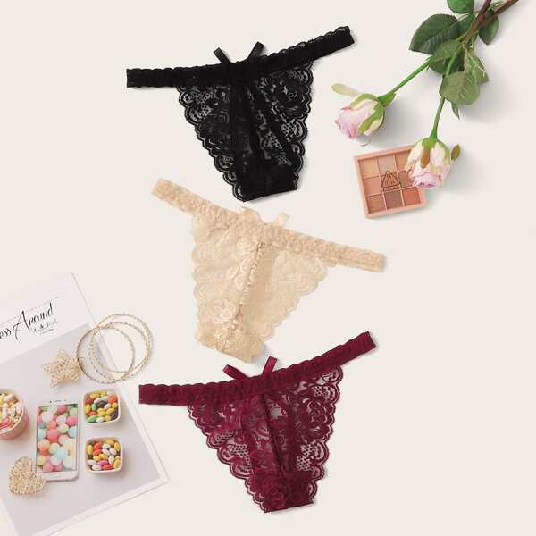 

3pack Bow Decor Floral Lace Panty Set, Multicolor