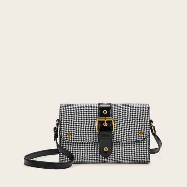 

Buckle Strap Houndstooth Crossbody Bag, Black and white