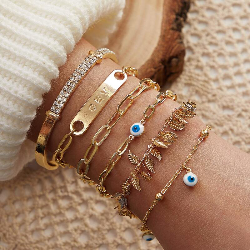 

6pcs Eye & Leaf Decor Chain Bracelets, Gold